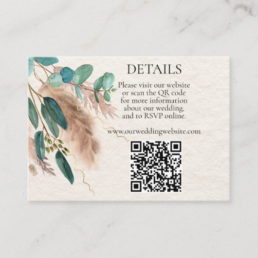 Boho Groene Eucalyptus Pampas Gras QR Code Bruilof Informatiekaartje (Voorkant)