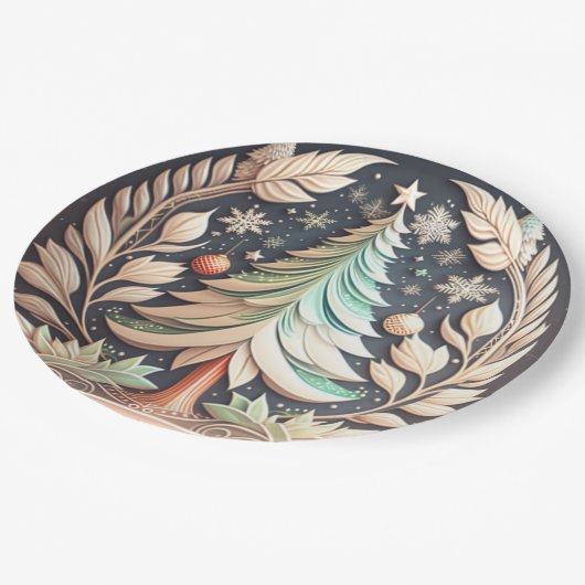 Boho groene kerstboom illustratie papieren bordje (Gekanteld)