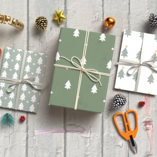 Boho groene kerstboom set van 3 inpakpapier vel
