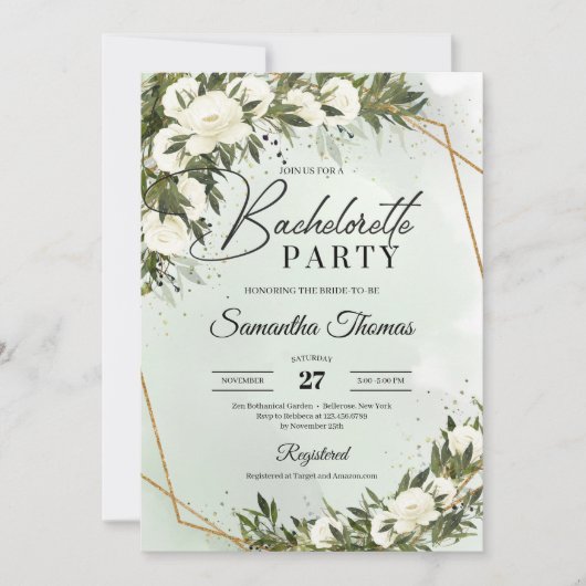 Boho groene olijfbladeren witte rozen bachelorette kaart (Voorkant)