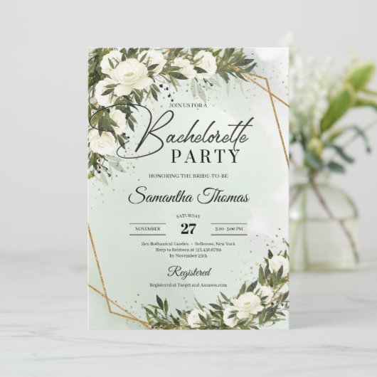 Boho groene olijfbladeren witte rozen bachelorette kaart (Staand voorkant)