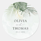Boho Groene Palmen Kust Bruiloft Ronde Sticker (Voorkant)