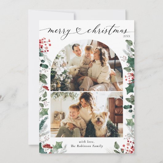 Boho Groene Rode Boog Foto Kerstmis Kaart (Voorkant)