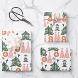 Boho groene roze oranje rustieke kerstbomen inpakpapier vel