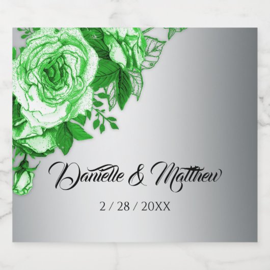 Boho Groene Rozen Metallic Zilveren Bruiloft Sparkling Wijnetiket (Enkel label)