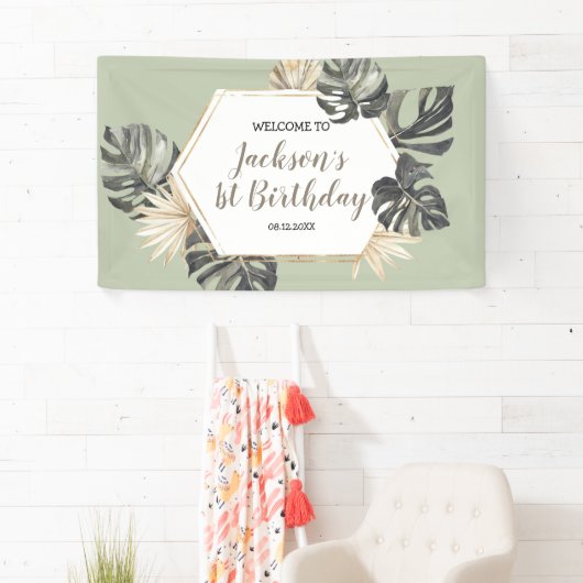 Boho Groene Sage Jongen Wild Een Verjaardag Grote Spandoek (Insitu)