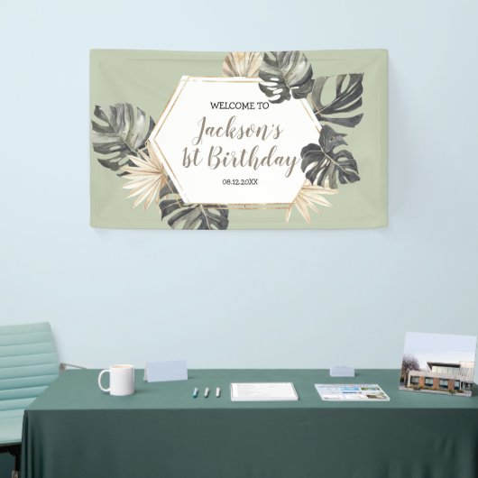 Boho Groene Sage Jongen Wild Een Verjaardag Grote Spandoek (Beurs)