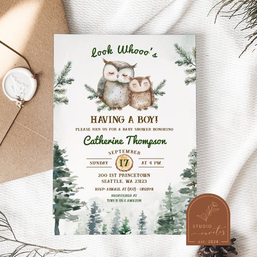 Boho Groene Uil Baby Shower Kaart