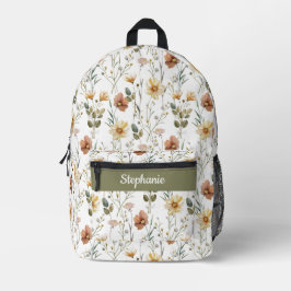 Boho groene waterverf wildbloem monogram bedrukte rugzak