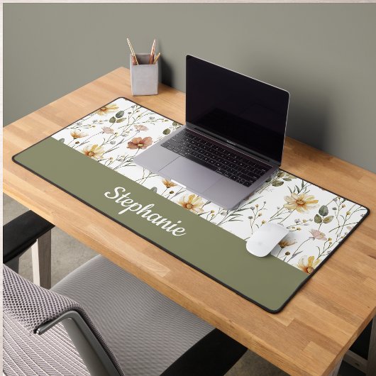 Boho groene waterverf wilde bloem monogram naam bureaumat