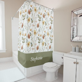 Boho groene waterverf wilde bloem monogram naam douchegordijn