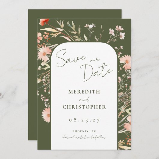 Boho Groene Wildbloemen Bruiloft Save The Date (Voorkant / Achterkant)