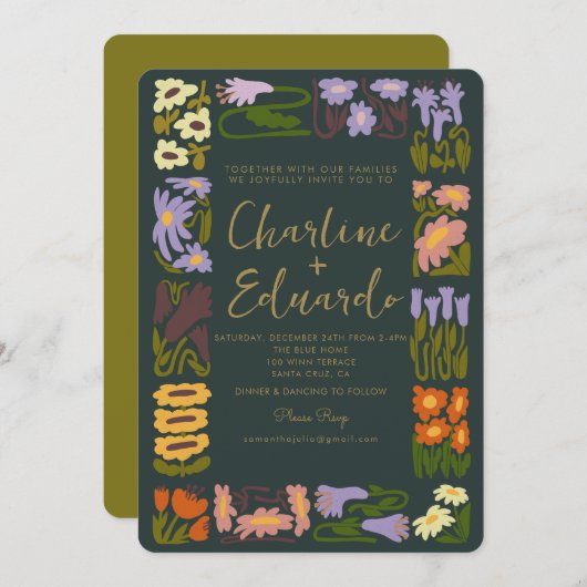 Boho Groovy Kleurrijke Bloem Retro Bruiloft Kaart (Voorkant / Achterkant)