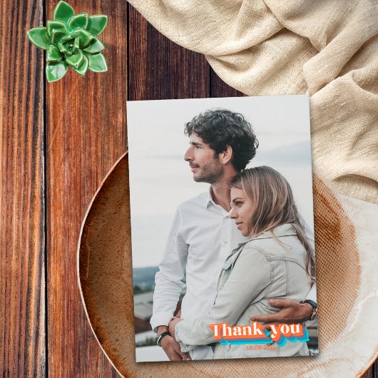 Boho Groovy Retro Blauw Sinaasappel Typografie Gol Bedankkaart