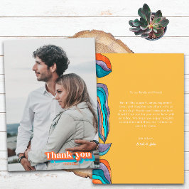 Boho Groovy Retro Geel Sinaasappel Typografie Wavy Bedankkaart