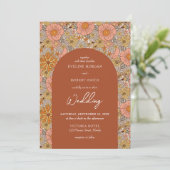 Boho groovy terracotta en roze bloemen bruiloft kaart (Staand voorkant)