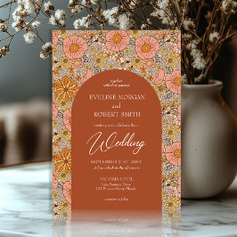 Boho groovy terracotta en roze bloemen bruiloft kaart