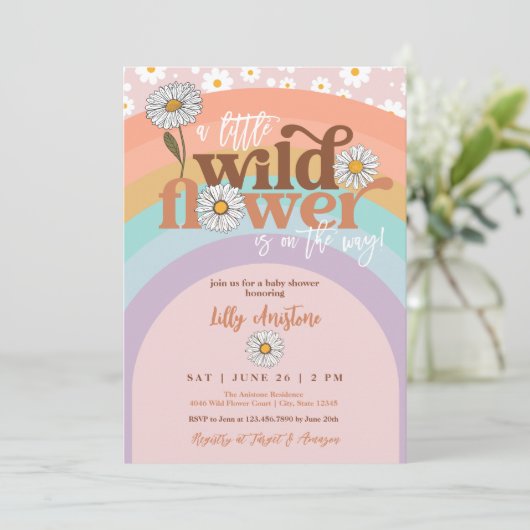 Boho Groovy Wilde Bloem Baby Shower Uitnodiging (Staand voorkant)