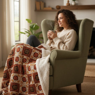 Boho Haakwerk Granny Square Retro Bloemmotief  Sherpa Deken