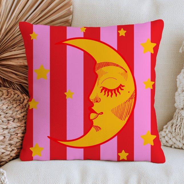 BOHO Halve Maan Gezicht Rood & Roze Gestreepte  Kussen (Creator heeft geüpload)