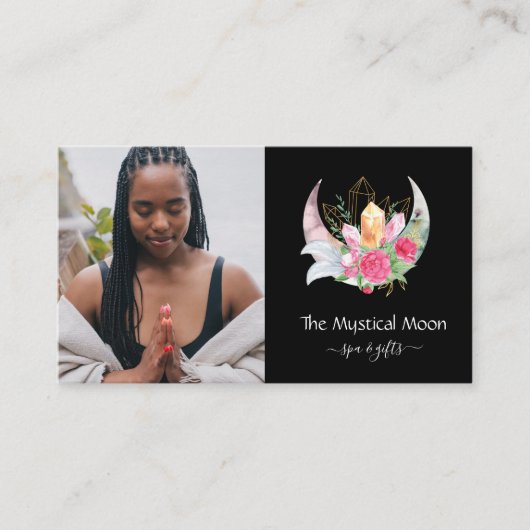 Boho Halve Maan Kristallen Veren Bloemen Foto Visitekaartje (Voorkant)