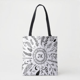 Boho Hand Drawn Botanical Doodle Monogram Initiale Tote Bag