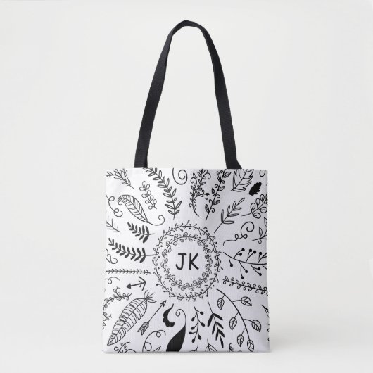 Boho Hand Drawn Botanical Doodle Monogram Initiale Tote Bag (Voorkant)