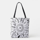 Boho Hand Drawn Botanical Doodle Monogram Initiale Tote Bag (Achterkant)