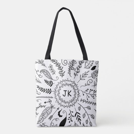 Boho Hand Drawn Botanical Doodle Monogram Initiale Tote Bag (Achterkant)