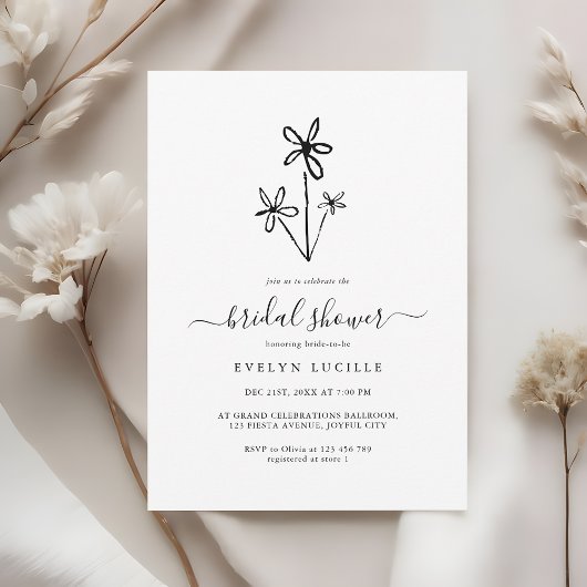 Boho Hand Drawn floral Minimalist Bridal Shower Kaart