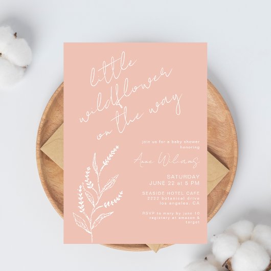Boho Hand-drawn Wildflower Blush Pink Baby Shower Kaart