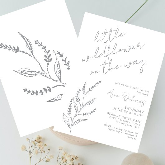 Boho Hand-drawn Wildflower White Grey Baby Shower Kaart