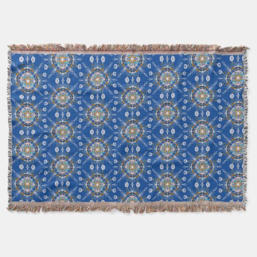 Boho Hand Getekende Mandala Blauwe Mosterd Kleurri Deken (Voorkant)