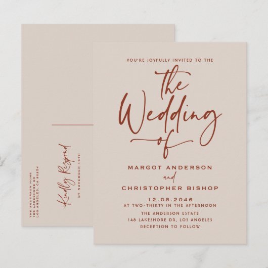 Boho Hand Lettered Calligraphy Terracotta Wedding Uitnodiging Briefkaart (Voorkant / Achterkant)