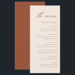 Boho HandwritCalligrafie Terracotta Wedding Menu<br><div class="desc">Voeg een elegant accent aan uw gebeurtenislijst met deze klantgerichte menukaart toe. Het kenmerkt een grillig manuscript en een eenvoudige typografie. Pas deze boho menukaart aan door uw eigen details toe te voegen. Deze terracotta en witte menukaart is perfect voor bruiloften,  vrijgezellenfeesten,  baby showers,  en nog veel meer.</div>