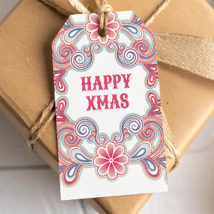 Boho Happy Kerstmis Rood en Paars kronkels Cadeaulabel