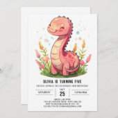 Boho Happy Pink Dinosaurus Meisje Verjaardag Kaart (Voorkant / Achterkant)