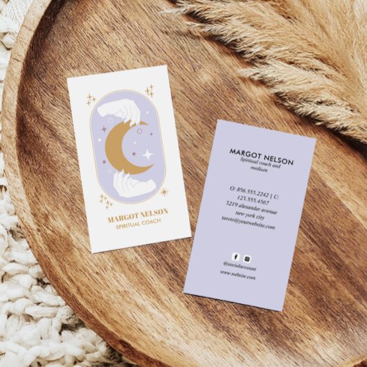 Boho Healing Hand Celestial Moon Tarot Paarse Visitekaartje