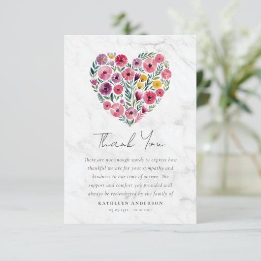 Boho Heart Floral Sympathy begrafenis Bedankkaart (Staand voorkant)