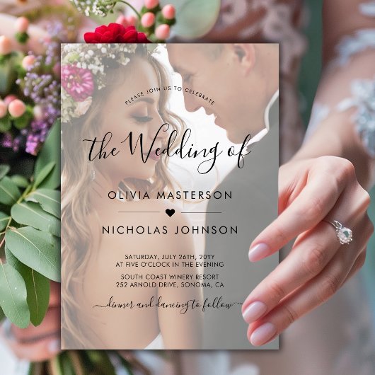 Boho Heart Script Photo Overlay QR Code Wedding Kaart