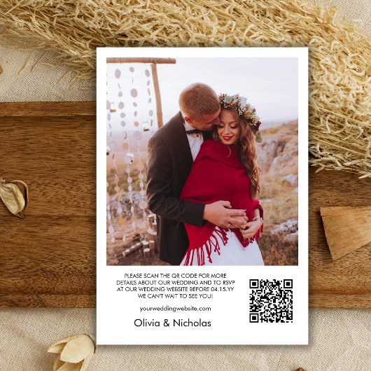 Boho Heart Script Photo Overlay QR Code Wedding Kaart