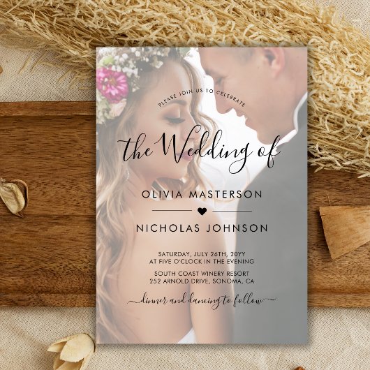 Boho Heart Script Photo Overlay QR Code Wedding Kaart