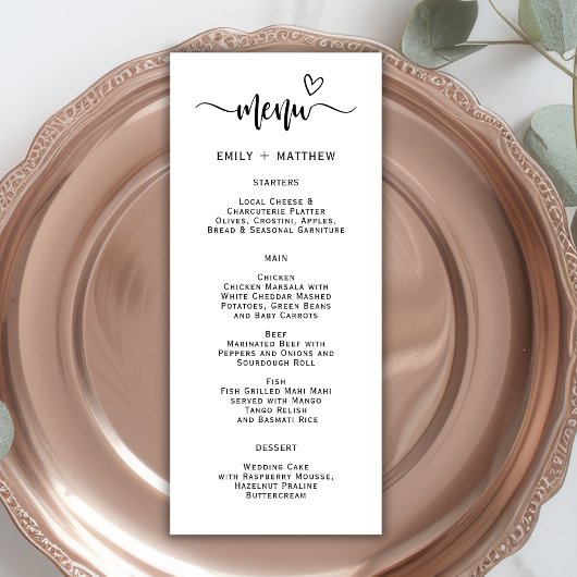 Boho Heart Script Typografie Wedding Menu Kaart