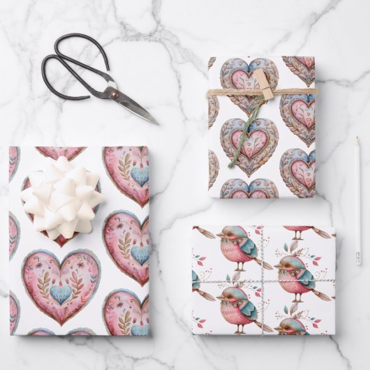 Boho Hearts & Bird Wrapping Paper Set van 3 (Voorkant)