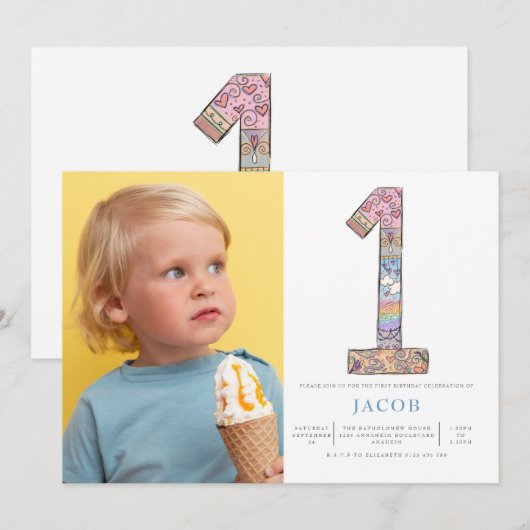 Boho Hearts Foto van Boys 1st Birthday Kaart (Voorkant / Achterkant)