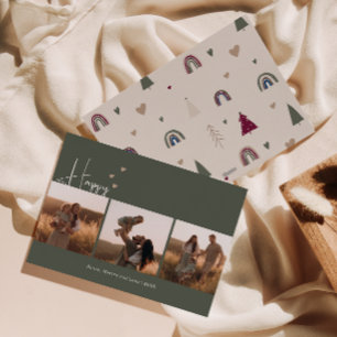 Boho Hearts Happy Green Drie Foto Kerstmis Feestdagenkaart