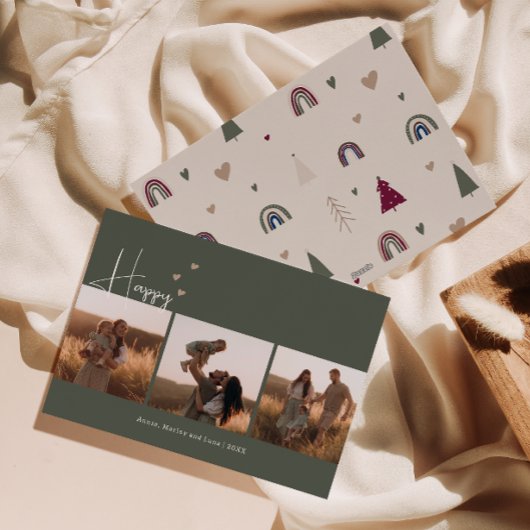 Boho Hearts Happy Green Drie Foto Kerstmis Feestdagenkaart