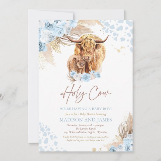 Boho Heilige Koe Blue Pampas Grass Boy Baby shower Kaart (Voorkant)