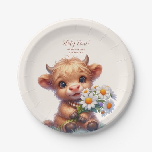 Boho Heilige Koe Hoogland Koe 1e verjaardag Papieren Bordje (Voorkant)