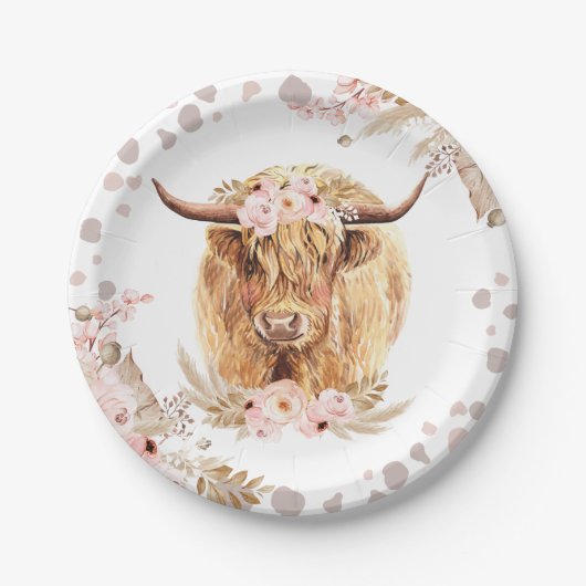 Boho Heilige Koe Hoogland Pampas 1e verjaardag Papieren Bordje (Voorkant)